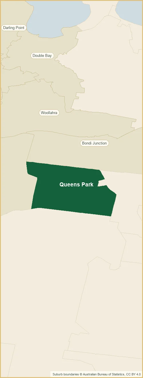 Map of the Queens Park plumbing service area, with Queens Park shaded and the surrounding suburbs marked: Bondi Junction, Centennial Park, Darling Point out to Double Bay, Edgecliff, Paddington and more