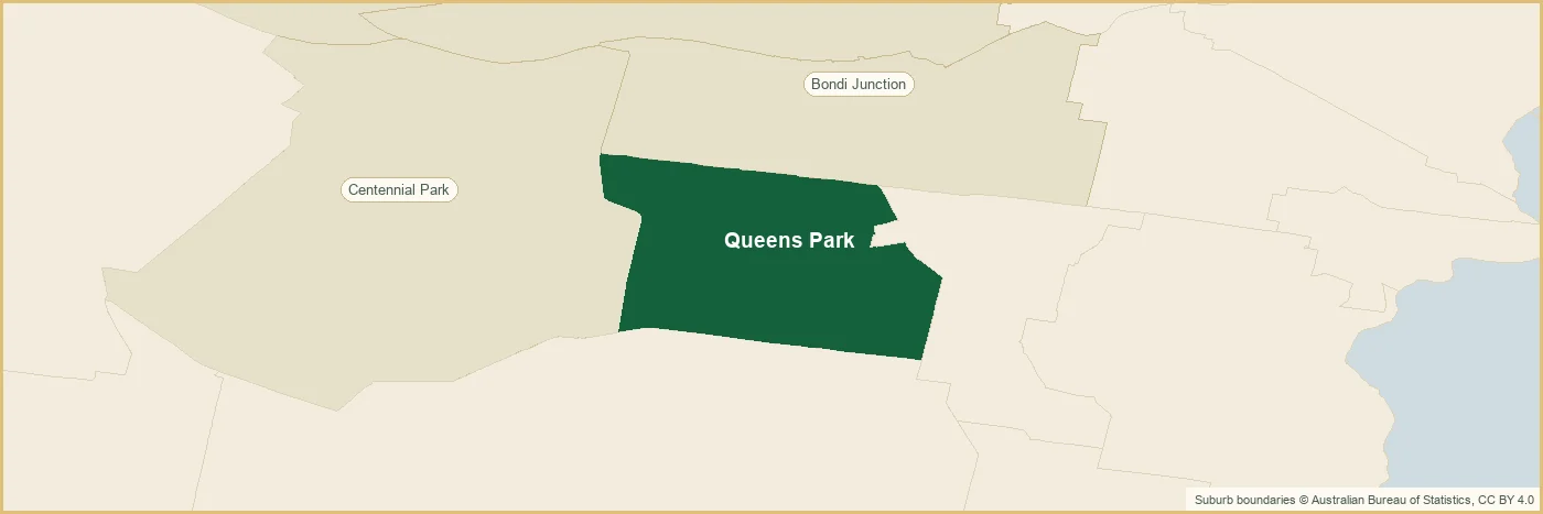 Map of the Queens Park plumbing service area, covering Bondi Junction, Centennial Park, Darling Point, Double Bay, Edgecliff, Paddington, Rushcutters Bay, Woollahra, Bondi Junction, Centennial Park, Darling Point, Double Bay, Edgecliff, Paddington, Rushcutters Bay, Woollahra, Bondi Junction, Centennial Park and Darling Point